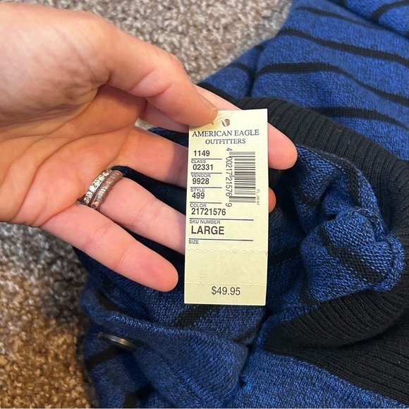 American Eagle Mens Blue Striped Button Mock Neck Cotton Sweater Large NEW - Picture 7 of 8